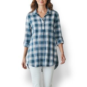 4/$20 J. Jill Uncommon Threads Plaid Tunic Top Blue Green Long Sleeve SMALL